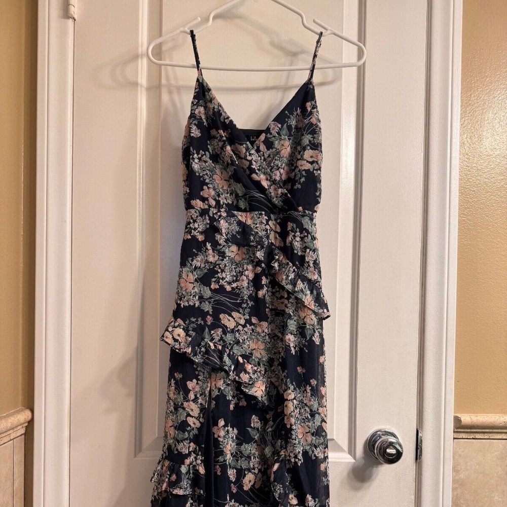 Lulus Blue/Navy Floral Midi Dress - Ruffled Chiffon Dress - Size XS